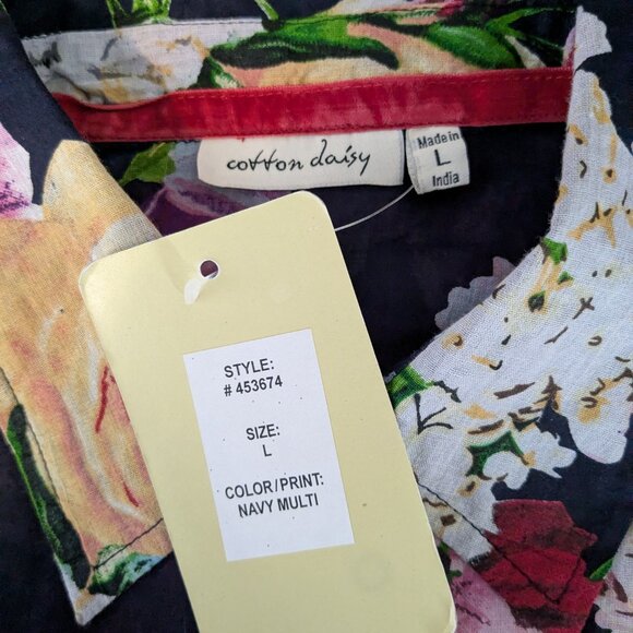 COTTON DAISY Navy Floral Lightweight Cotton Long Sleeve Button Blouse; Size L - Picture 4 of 6